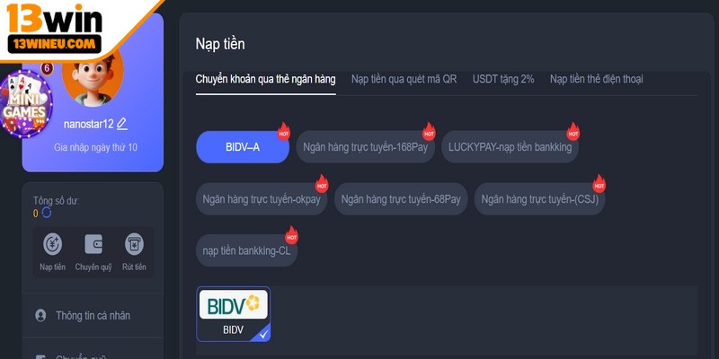 Nạp tiền 13win đơn giản thông qua danh sách cách thức tiện lợi